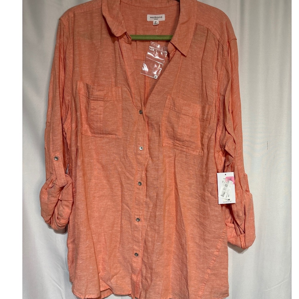 Westbound Woman Coral Linen Blend Roll-Tab Sleeve Button Down Shirt 3X‎ Plus NEW